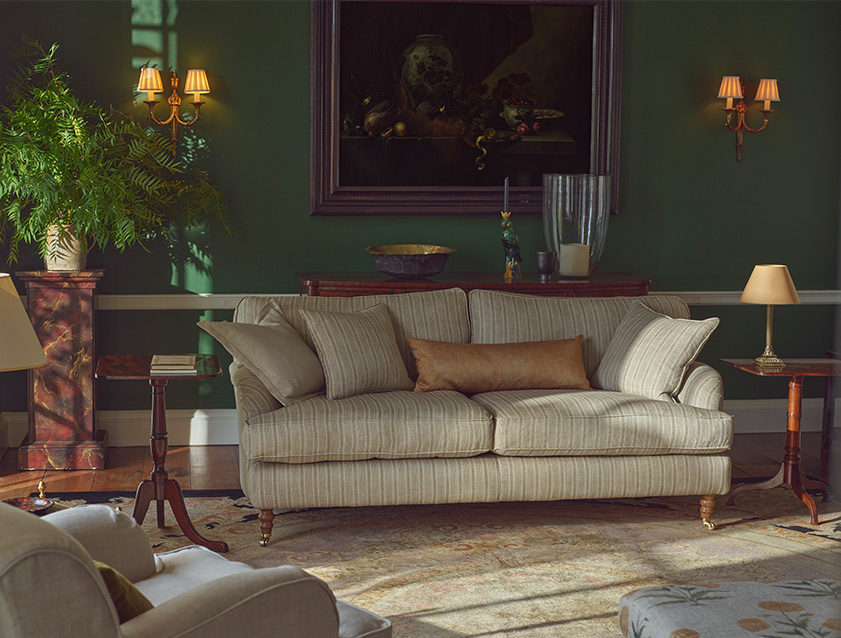 Alwinton 3 Seater Sofa in Ettas Stripe Moss with scatter in Almost Plain Velvet Harvest